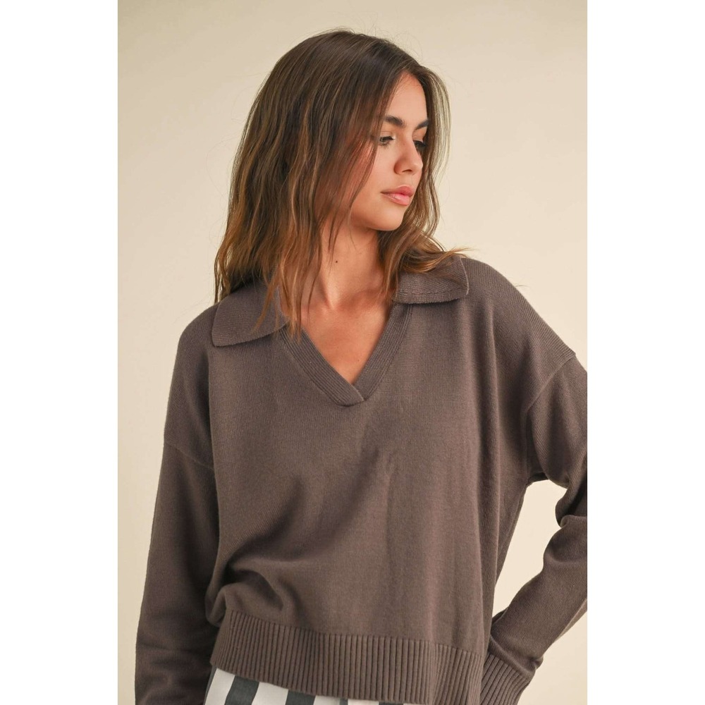 Miou Muse Sweater Women Small Brown NWT Polo Collar V-Neck Knit Pullover